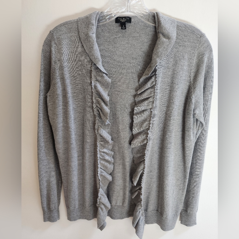 TALBOTS SIZE P GRAY OPEN FRONT CARDIGAN WITH SELF RUFFLE ALL AROUND OPENING